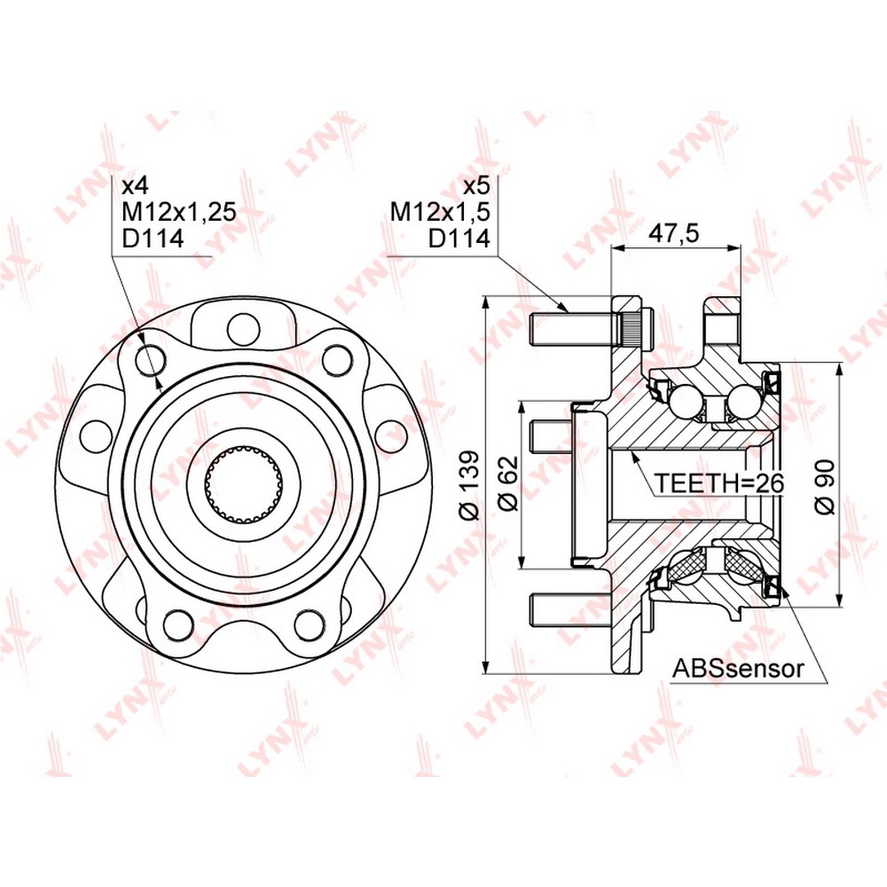 Ступица передняя в сборе L=R TOYOTA Auris 07->/Corolla 06-> LYNXauto WH-1012