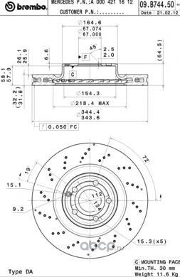 Диск тормозной передний MB W212/SLK(R172)/PERFORATED D=344MM BREMBO 09.B744.51