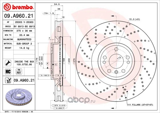 Диск тормозной передний перфорированный с покрытием MB GL-X166 / GLE-W166/C292 / GLS-X166 / ML-W166 BREMBO 09.A960.21